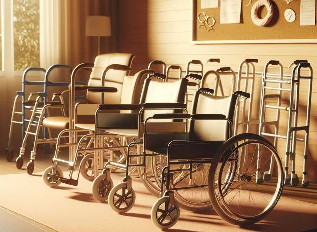 A warm image of wheelchairs walkers and canes
