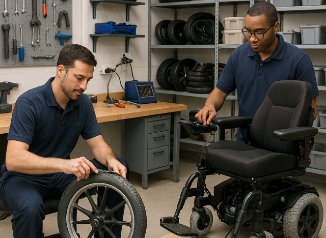 wheelchair technicians repairing a wheelchair